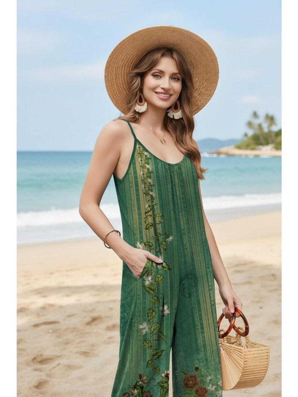 Women's Jumpsuits Floral Ice Green Wide Leg Sleeveless Outfit Romper with Pocket - Picture 2 of 6